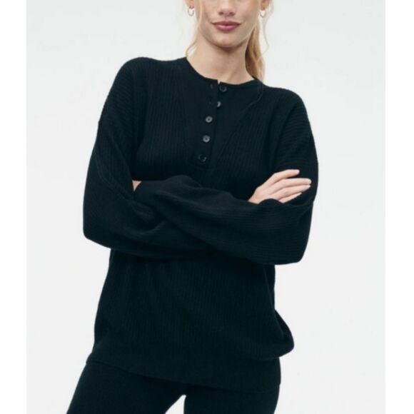 Naadam Ribbed Henley Sweater Women’s Size Small Black Recycled Cashmere Knit Top - Picture 1 of 7